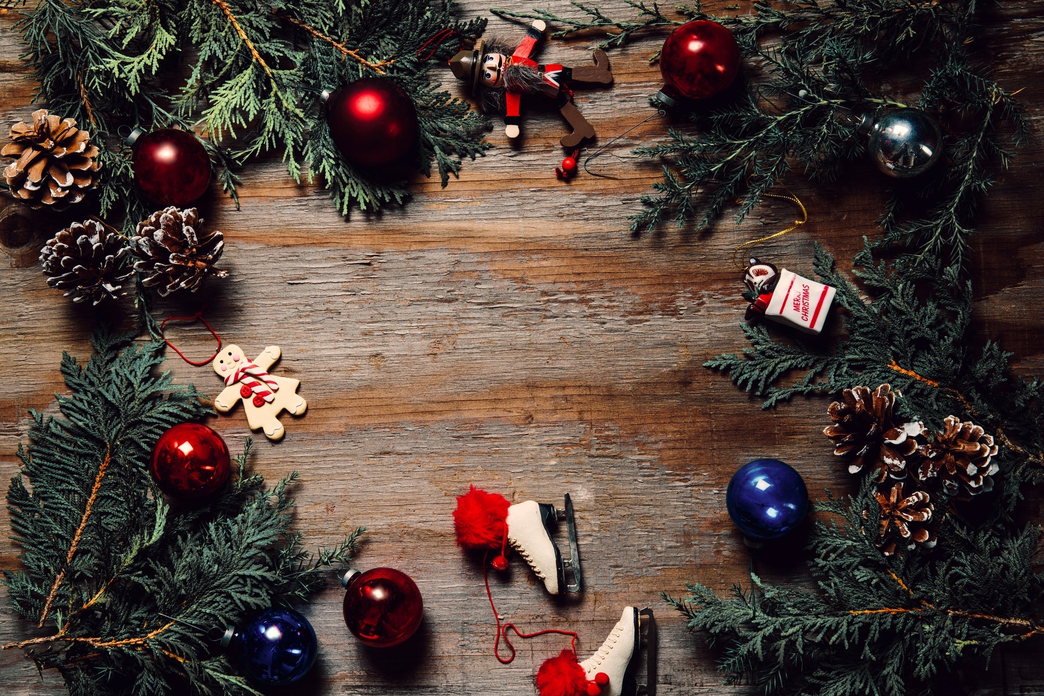 Woodgrain table with Christmas ornaments