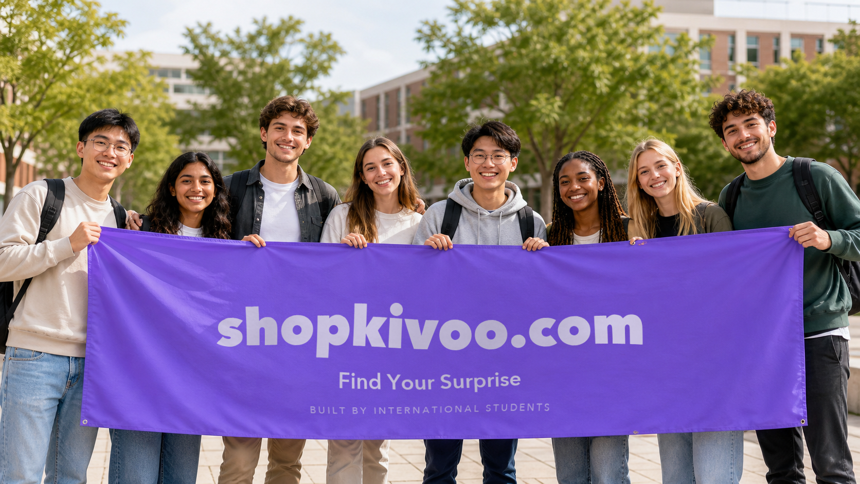 International students holding a shopkivoo.com banner