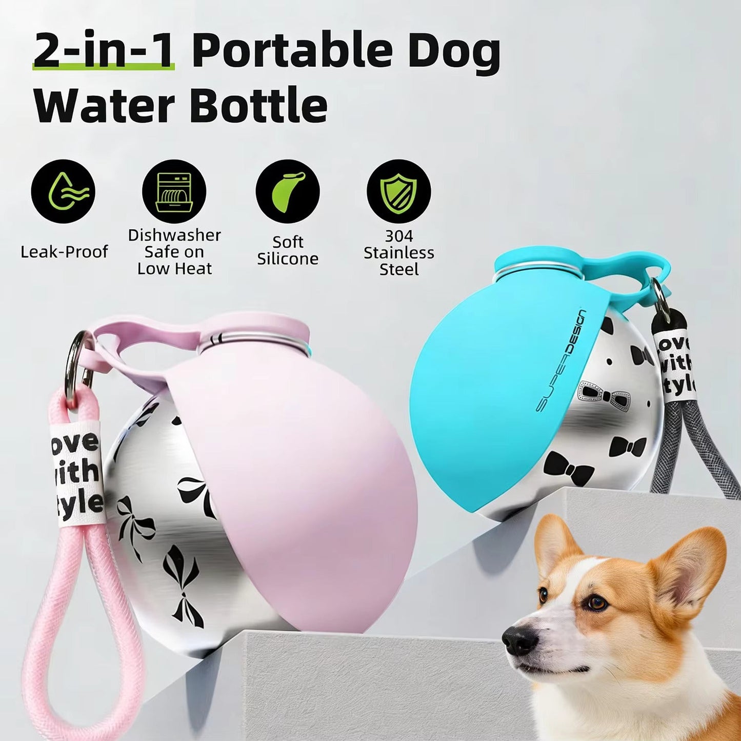 2-in-1 Portable Dog Water Bottle for Small Dogs - Leak-Proof 2