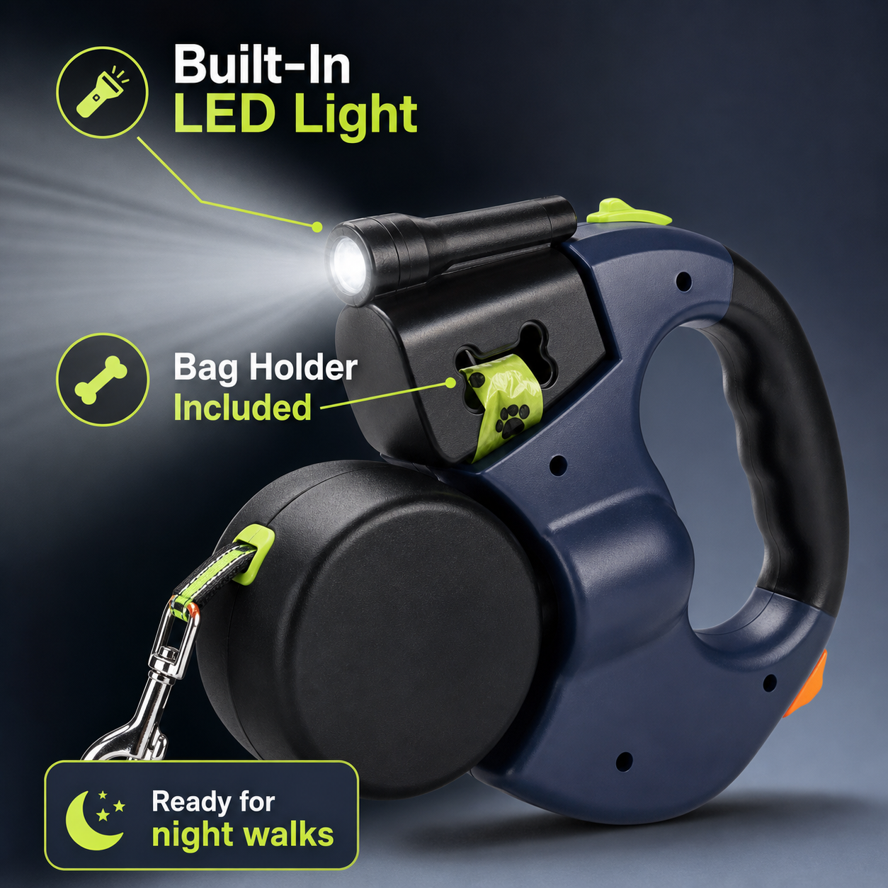 Dual dog leash with built-in LED light and bag holder
