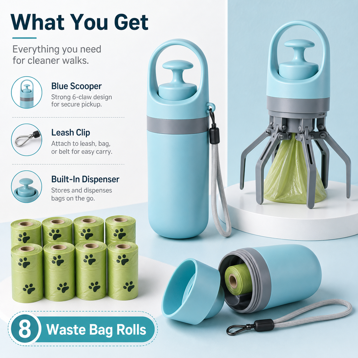 Portable dog poop scooper package with 8 waste bag rolls